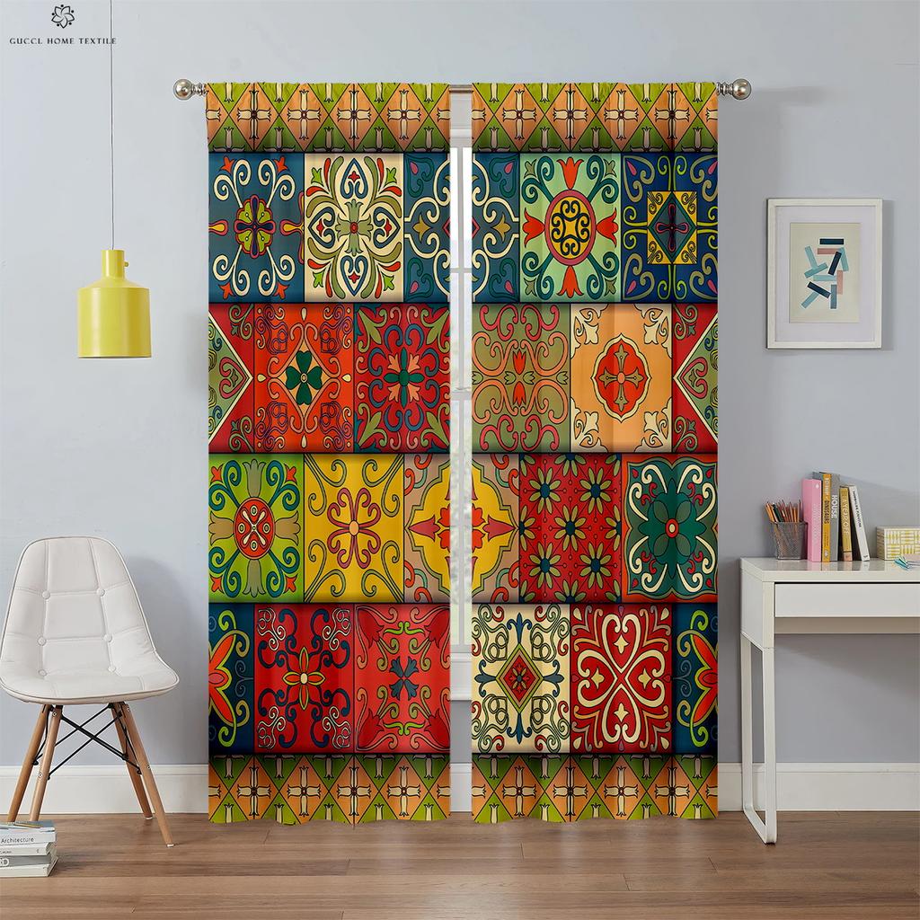 Bohemian Retro Printed Curtains, Blackout, Heat Insulation, Bedroom, Living Room, Kitchen, Decorative, 2 Pieces
