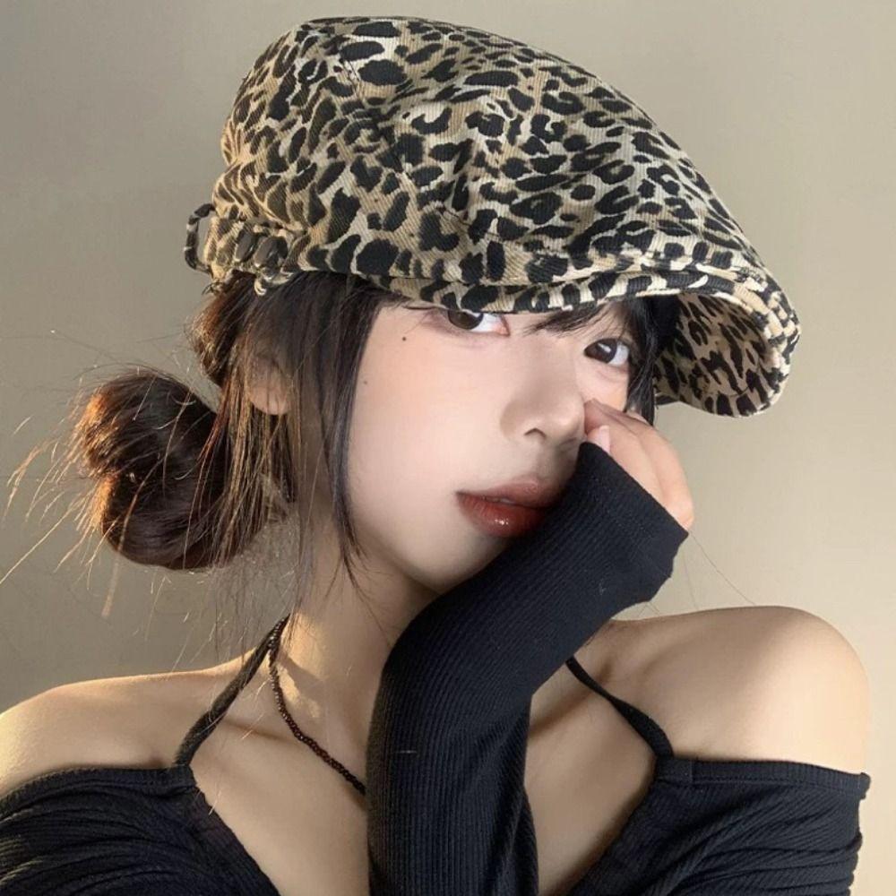 Casual Retro Leopard Print Cap Adjustable Baker Peaked British Peaked Cap Comfortable Leopard Beret Women Men