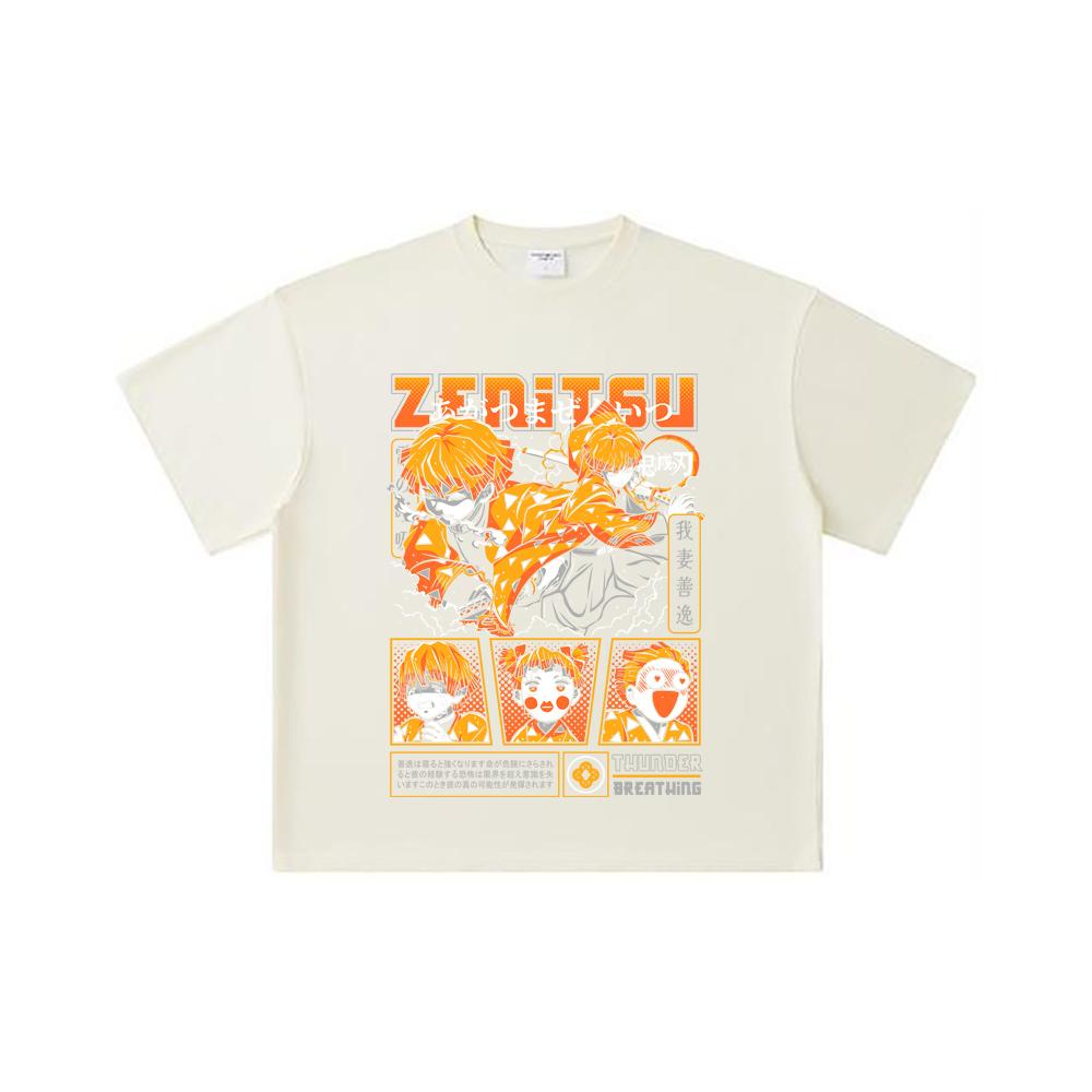 

260 GSM Double Yarn 32 Count 100% Cotton Demon Slayer V68 Zenitsu Print Unisex Heavy Cotton T Shirt S