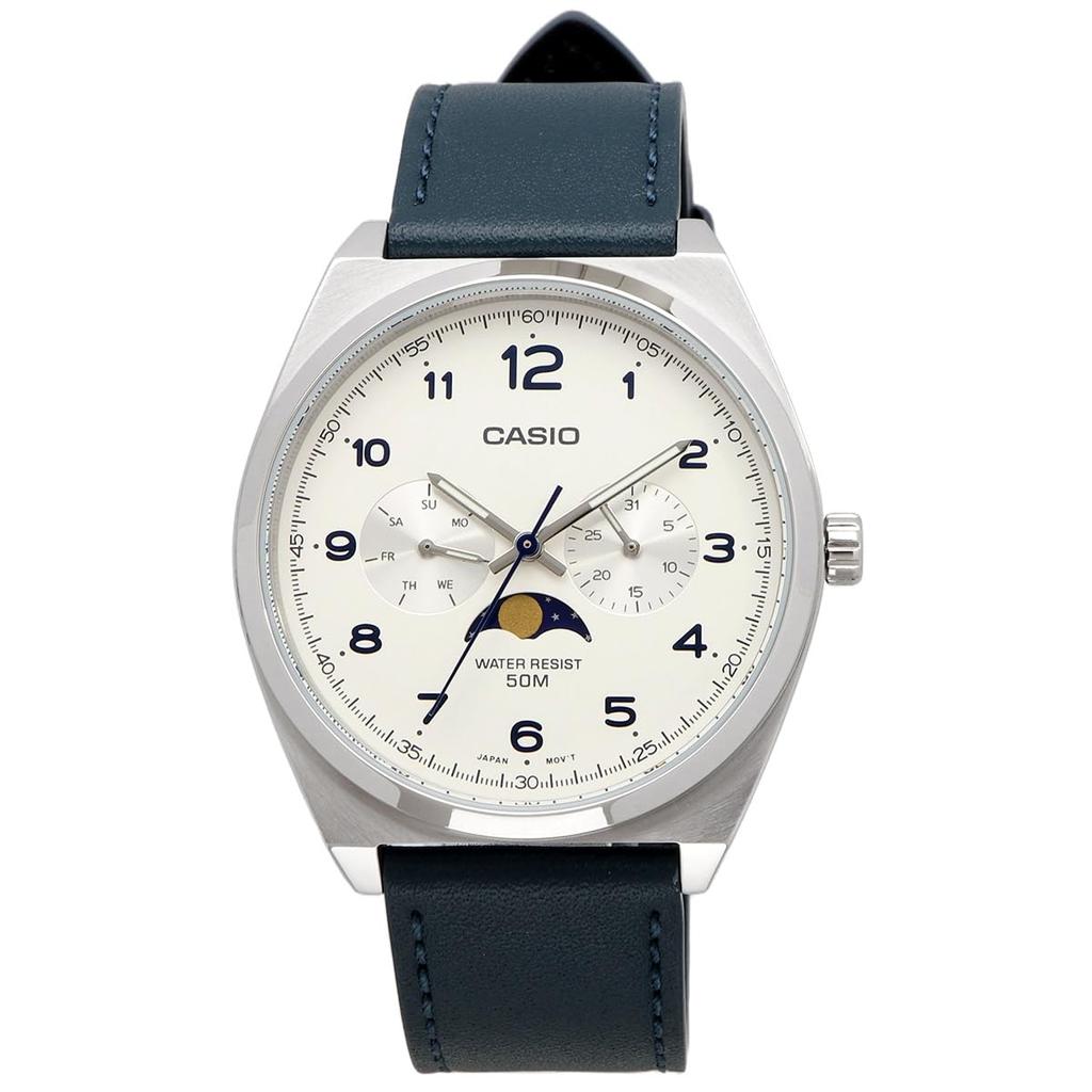 CASIO Standard Moon Phase Analog Watch Greenish Blue Leather Band White Overseas Model Men's MTP-M300L-7AV [Item]