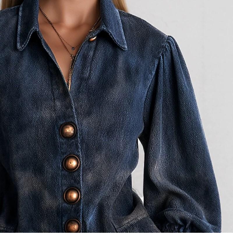 Vintage Casual Navy Blue Puff Sleeve Shirt Jacket Women