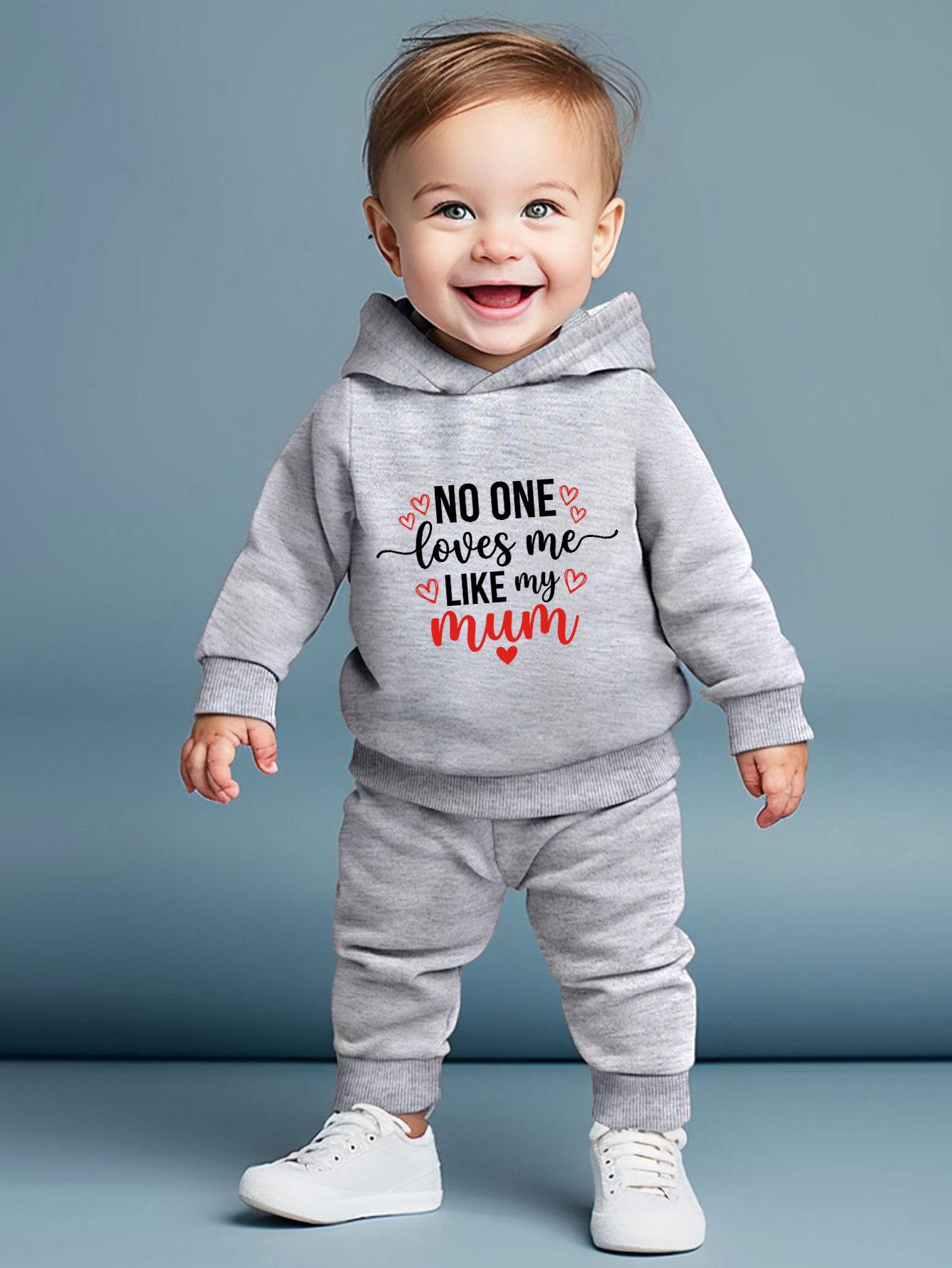 

Cute Family Slogan Printed Hooded Top with Elastic Waist Cuffed Pants, Casual Daily Outdoor Two-piece Set for Boys 6-9M серый