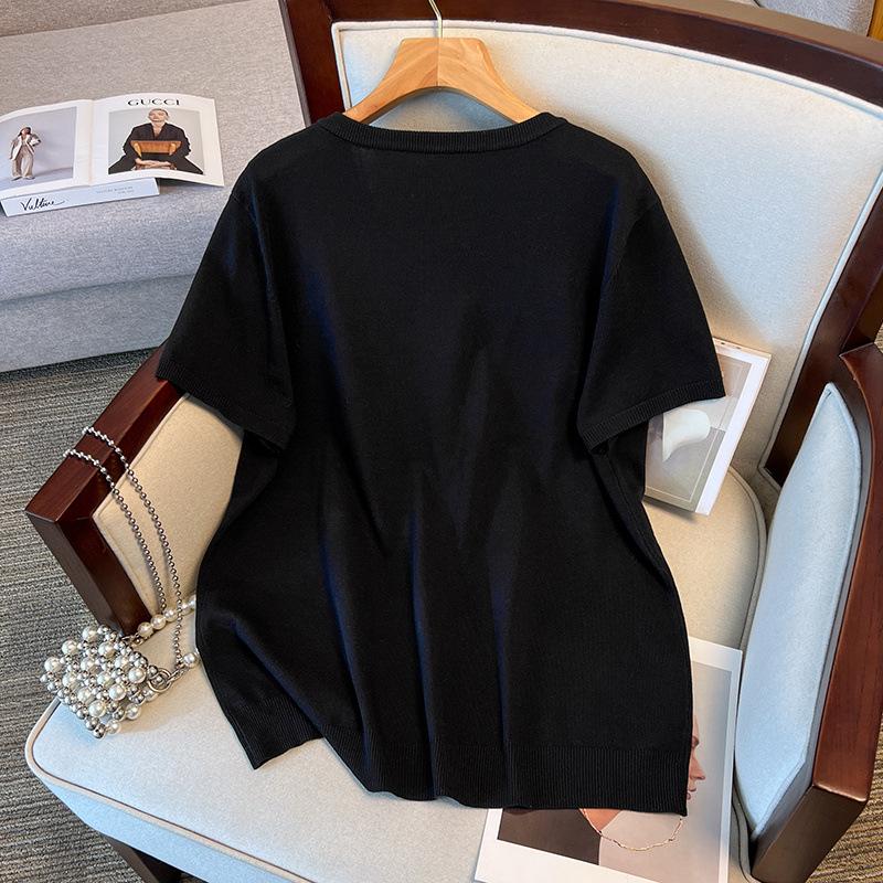 Plus Size Women's Ice Silk Knit Summer Top - Slimming Short Sleeve T-shirt