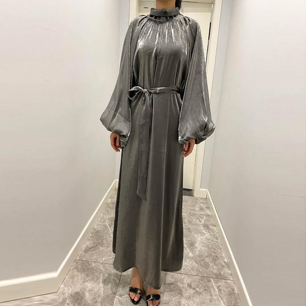 Damenkleidung, einfarbig, große Laternenärmel, helle Seide, lange Ärmel, Stehkragen, Rückenbindung, muslimisches Kleid, 6 Farben