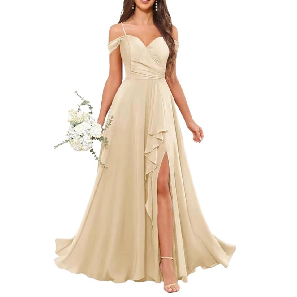 Temperament new evening dress off-the-shoulder bridesmaid dress wedding long chiffon sexy ruffle pleats