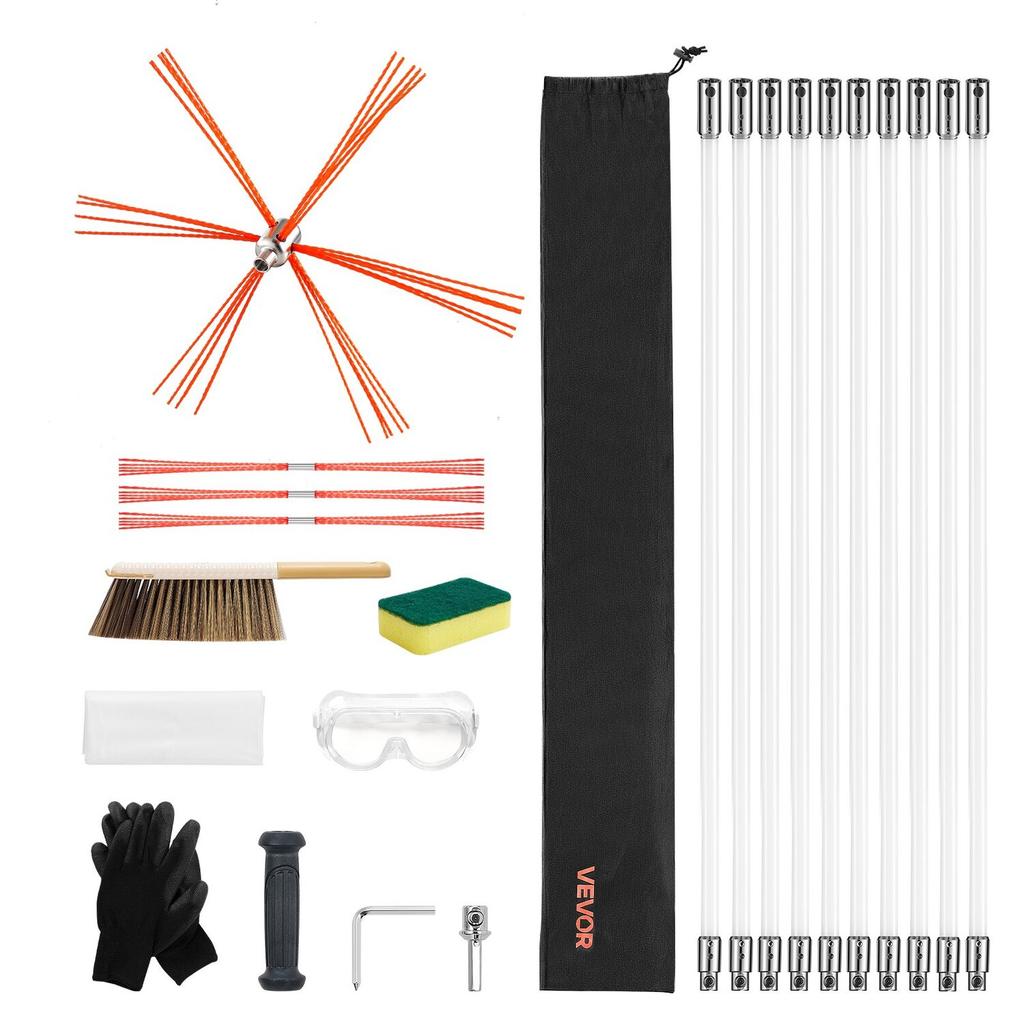 Chimney Sweep Kit, 10m Maximum Extendable Length Chimney Brush, Chimneys Cleaning Kit with Bristle Replacements & Goggles, 90° Bendable Fireplace