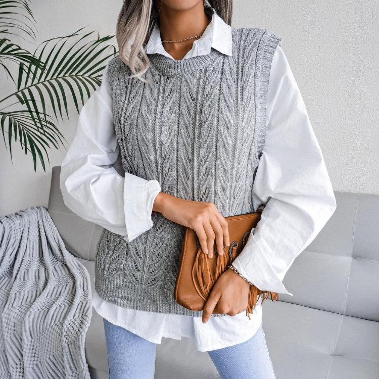 Women Crew Neck Sleeveless Knit Sweater Solid Color Tank Top Cutout Leaf Design Fall Winter Sizes S-L