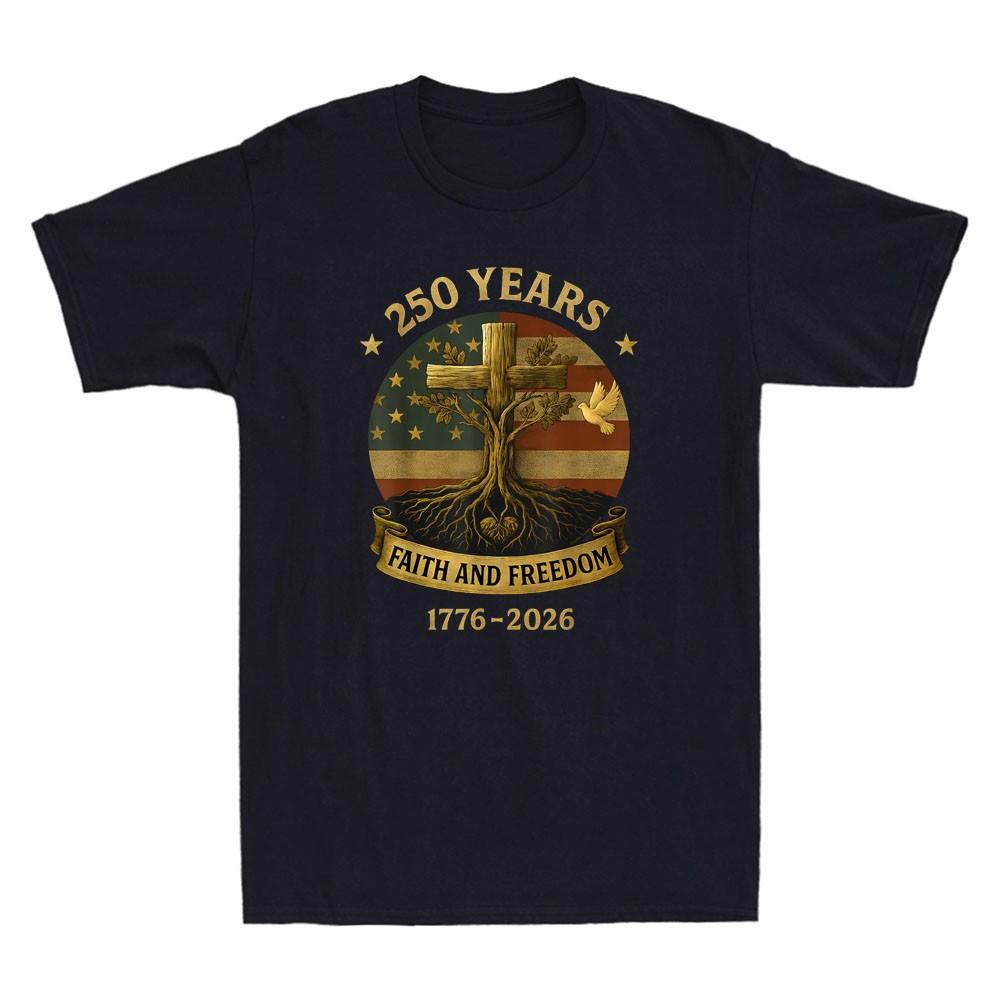 Flag Cross Tree 250 Years Faith Freedom 1776-2026 Vintage Men s Cotton T-Shirt S