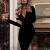 Elegant Women Autumn Long Sleeve Deep V Neck Pleated Bodycon Knee-length Dress