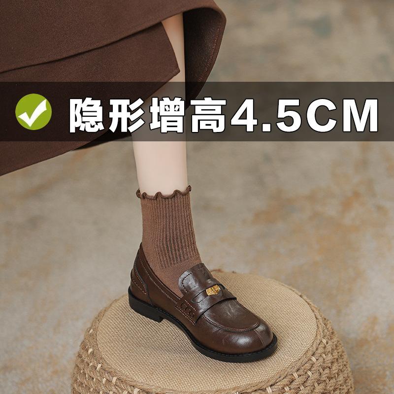 [sheii] Horse skin retro brown small gold coin inner height increase women's small leather shoes small size 32