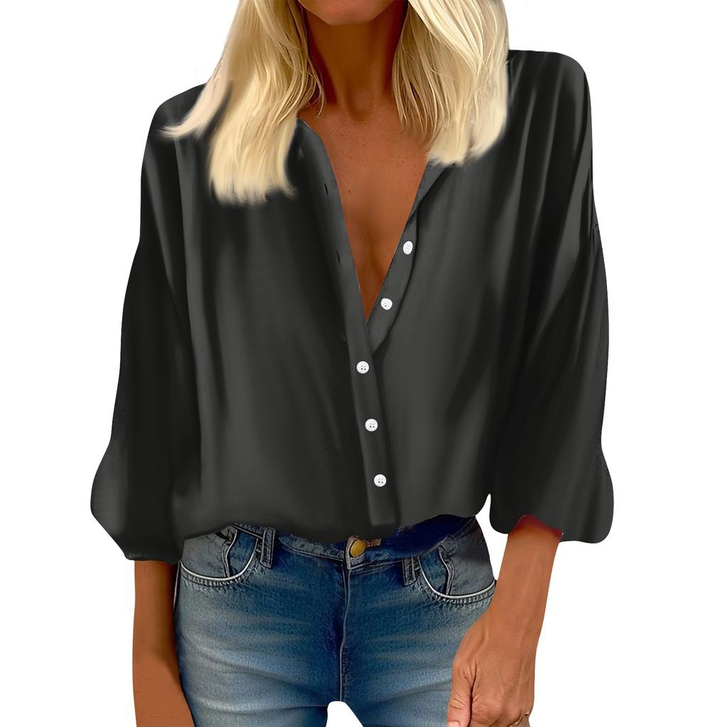 Cămașă de damă Bluză imprimată cu nasturi Casual Vintage Fashion Crewneck Top cu mâneci 3/4