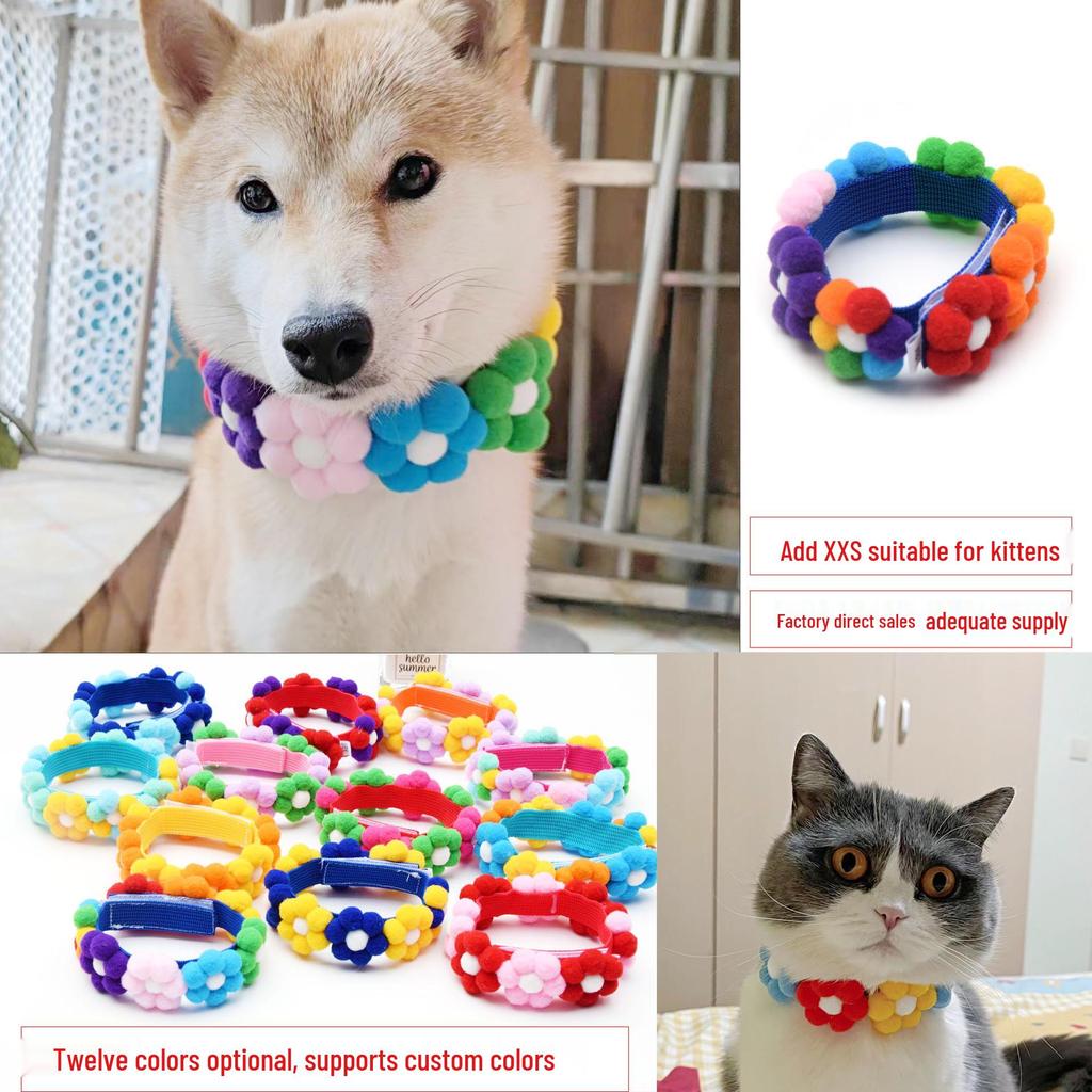 Adjustable Rainbow Flower Pet Collar with Fur Ball - Cute and Soft for Cats and Dogs