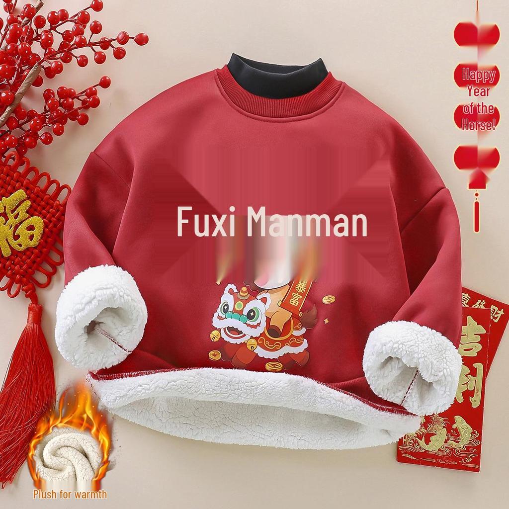 Red Year of the Horse Kids' Sweatshirt - Round Neck, Festive Autumn/Winter Top for Boys & Girls