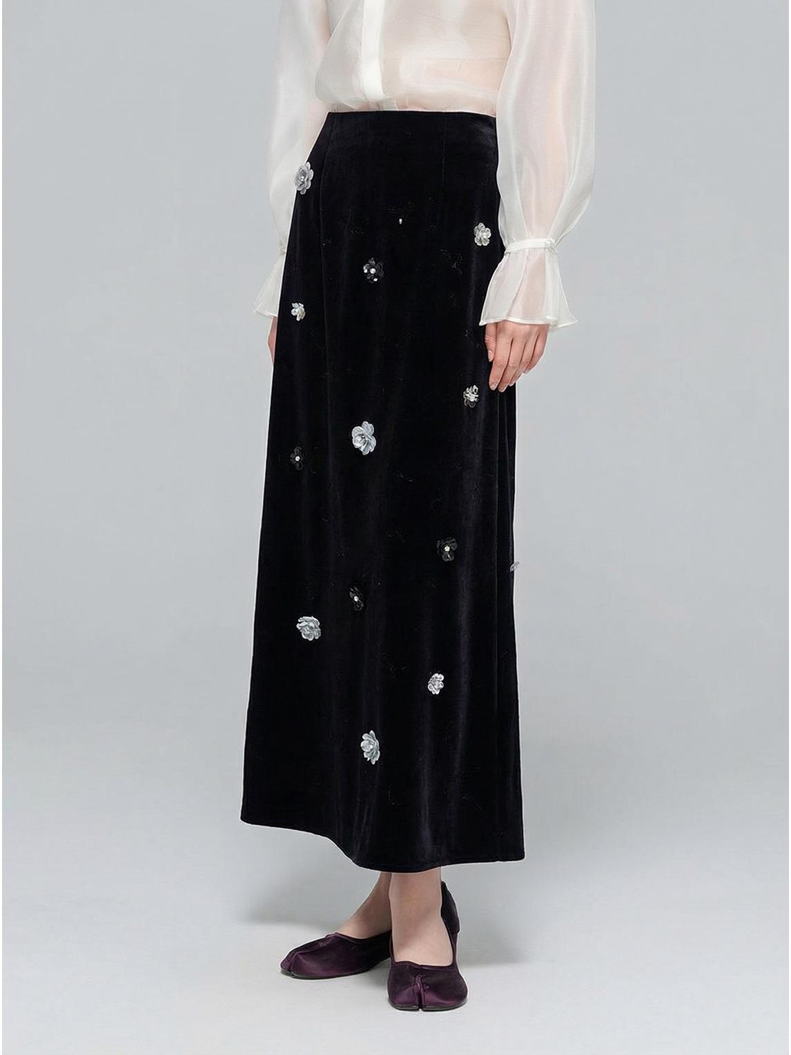 Zhi Hetang 2025 Зима Элегантная длинная юбка-трапеция с высокой талией и пайетками - Женская Small