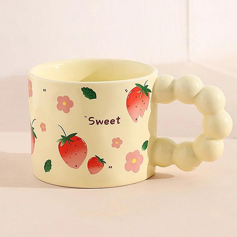330ML Japanese Style Ceramic Coffee Cup Cute Fruit Pattern Milk Tea Cup Water Mug with Anti-slip Handle Coffee Cup Birthday Gift