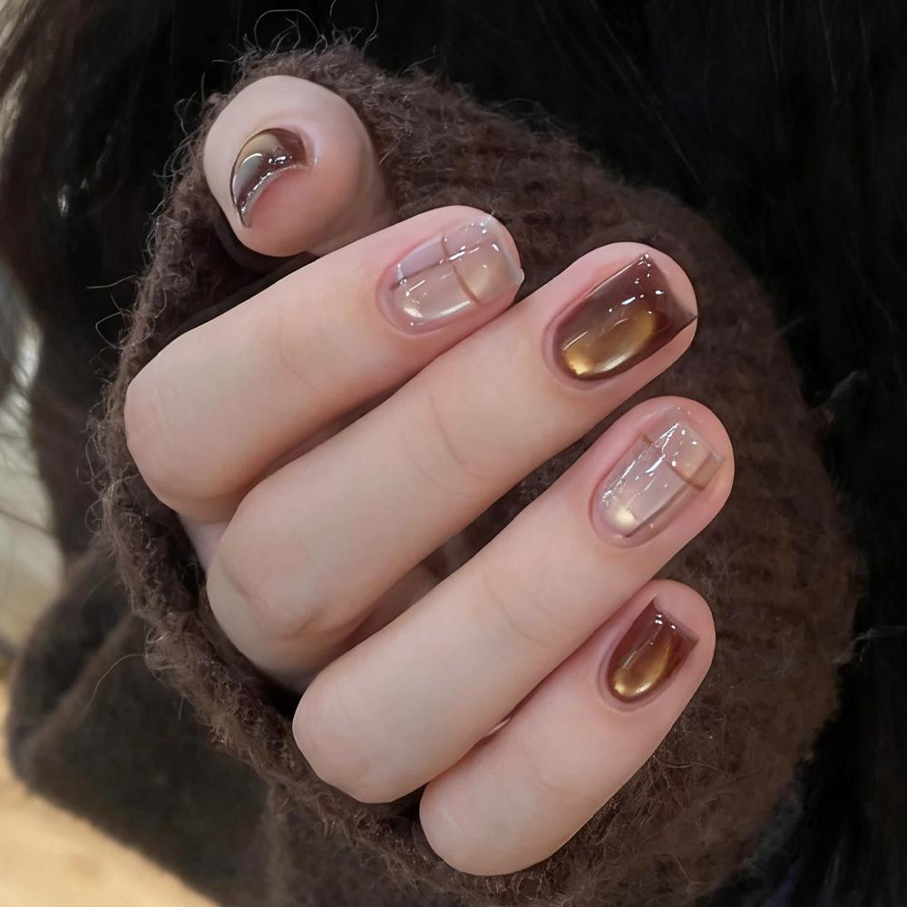 Autumn And Winter Wearable Nails, Amber Temperament, Smudged Cat-eye Plaid Manicure, High-end, Simple, Whitening Manicure Patch