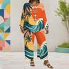 Women Plus Size Round Neck Long Sleeve Printed Layered Top Wide Leg Cropped Pants Two Piece Set