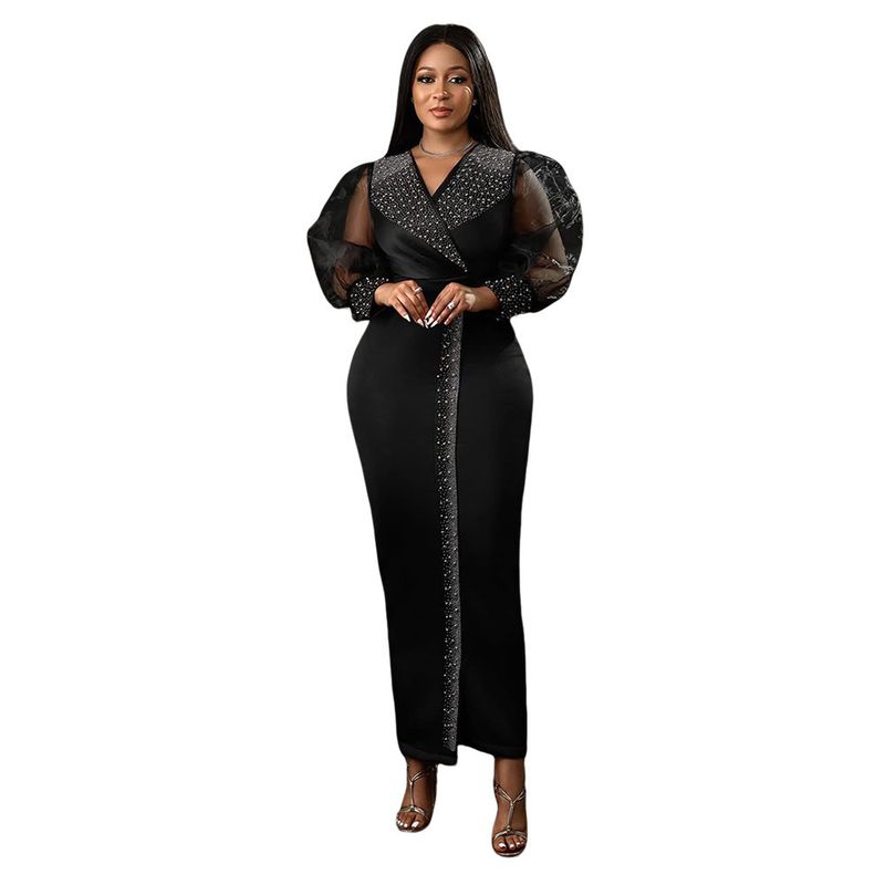 

Cy901882 European and American Fashion Women s Wear Hot Drilling Puff Sleeves Elastic V Neck Maxi Dress Black S