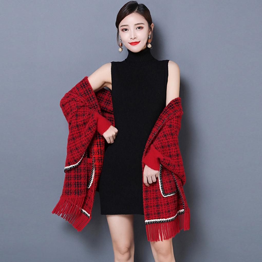 Cashmere Women's Tweed Pocket Cardigan Cloak Shawl Cape