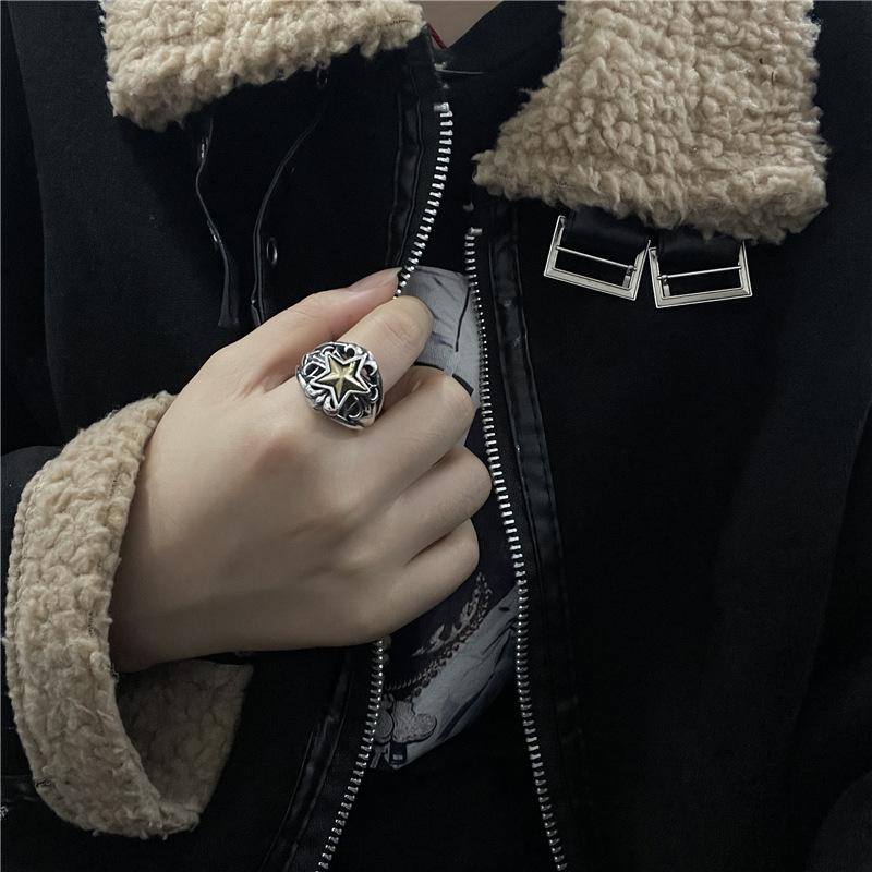 Retro Golden Cross Star Ring For Men Punk Gothic Rock Hiphop Open Ring Handmade Unisex Jewelry Bikers Accessories Lovers Gift