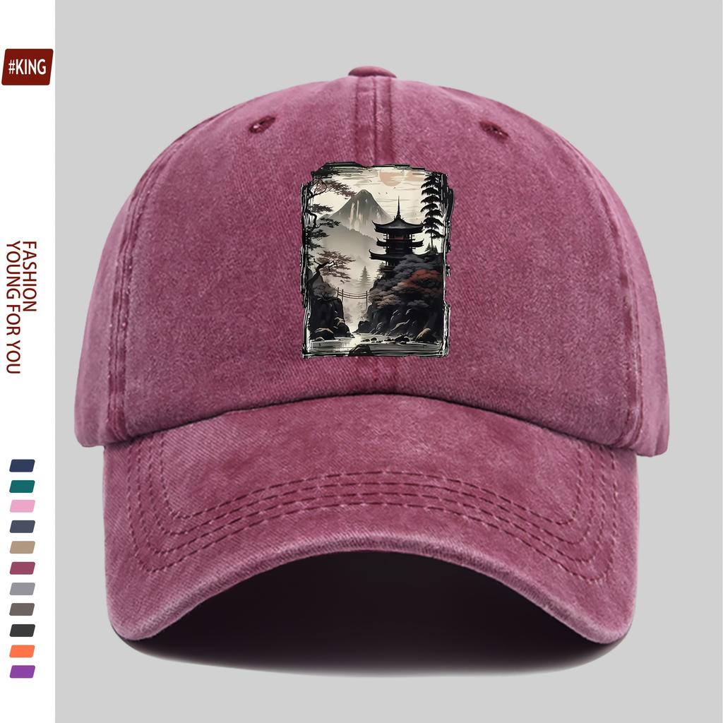 Japanese Pagoda Mountain Print Washed Baseball Cap Unisex Cotton Adjustable Curved Brim Outdoor Golf Hat
