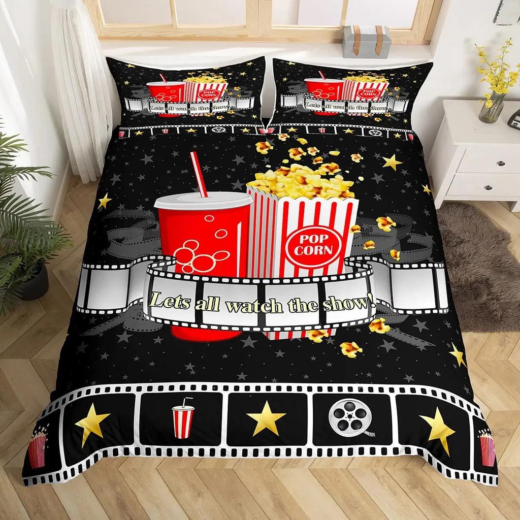 Popcorn Duvet Cover Movie Theater Food Bedding Set Microfiber Cinema Poster Comforter Cover Twin Full For Kids Teens Room Decor