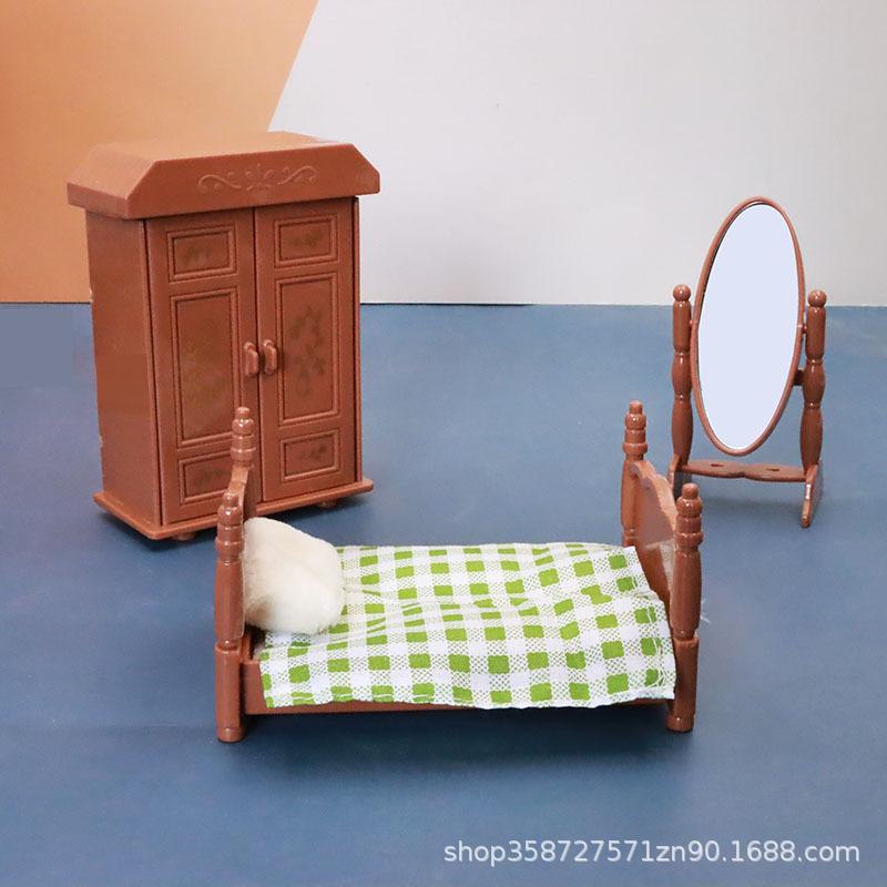 Simulation Cute Mini Playhouse Bedroom Bed Changing Clothes Mirror Clothes Cabinet Playhouse Model Small Ornament Children'S Toys