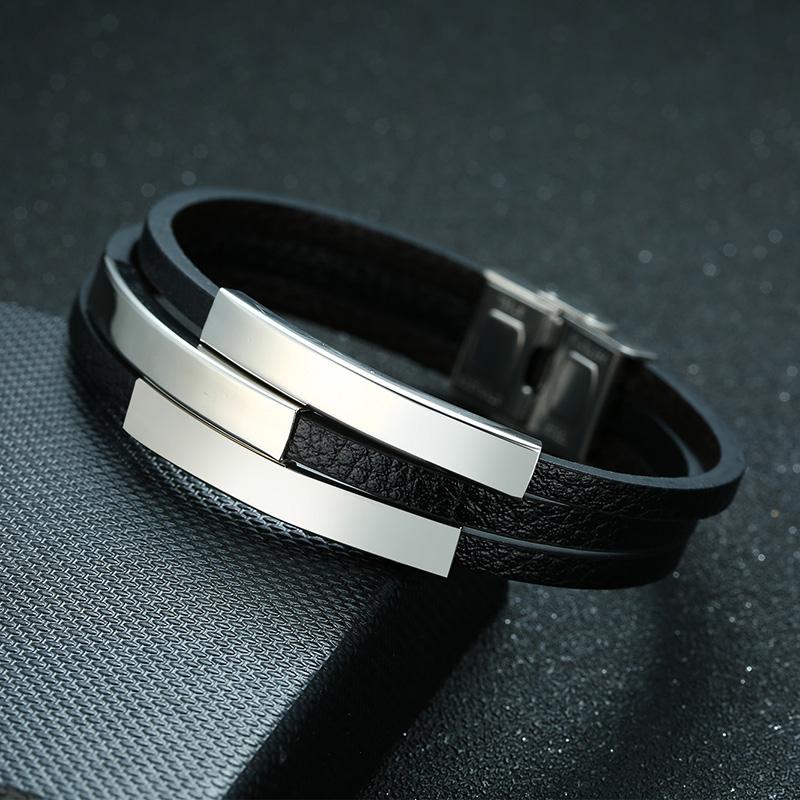 Personalized Mens Black Leather Bracelets ID Tag Customized for Men Women Dad Bracelets Wristband