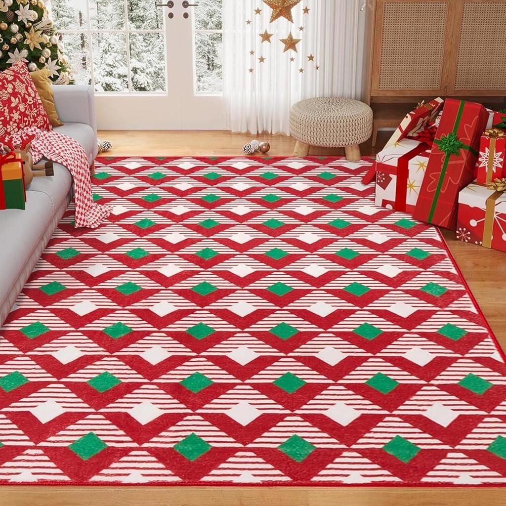 Weihnachts Rentier Schneeflocke Geschenk Rot Weiß Festlich Teppich Weiche Rutschfeste Matte Teppich für Wohnzimmer Heimdekoration Langlebiger Teppich