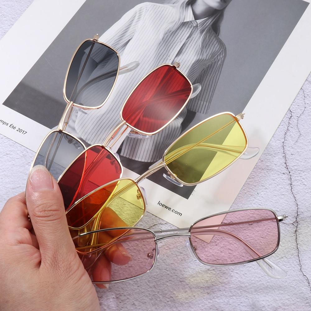 Occhiali Da Sole Retrò Rettangolari Sottili - Montatura In Metallo Color Caramella, Lenti Fashion, Unisex