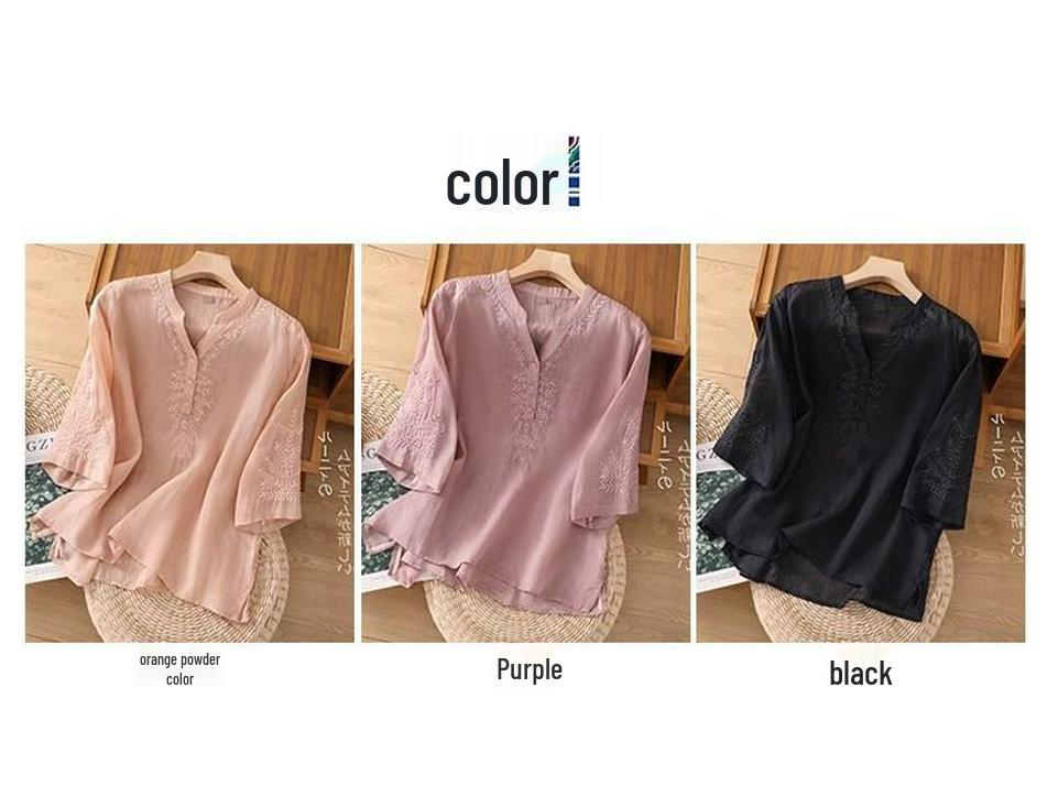 2025 Summer Women's V-Neck Cotton Linen Embroidered Loose Short Sleeve Plus Size Top