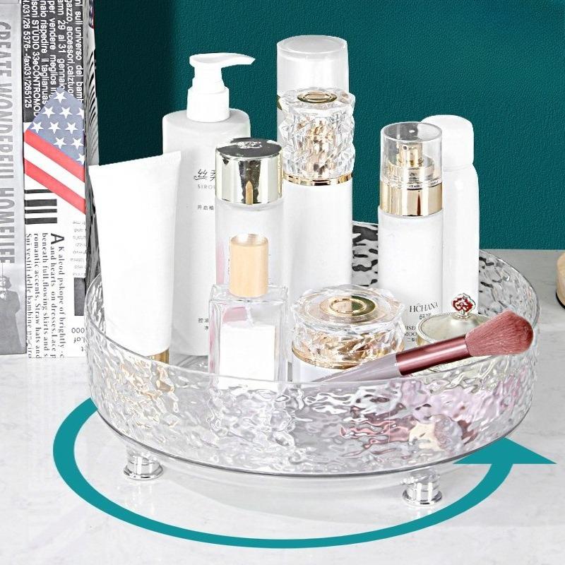 Home Luxury-style Ice Crystal Pattern Rotating Storage Box, Transparent Storage Turntable, Tabletop Skincare and Perfume Storage Rack