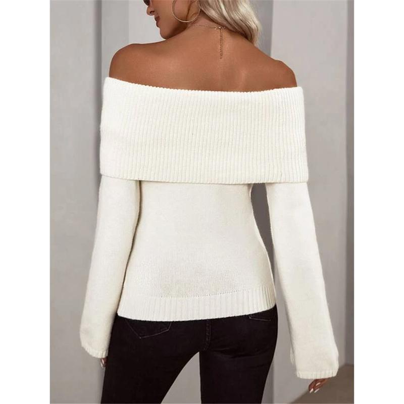 Sexy Off Shoulder Knitted Sweaters for Women Fashion Solid Slim Ribbed Knit Pullover Tops New Long Sleeve Jumpers Pullovers