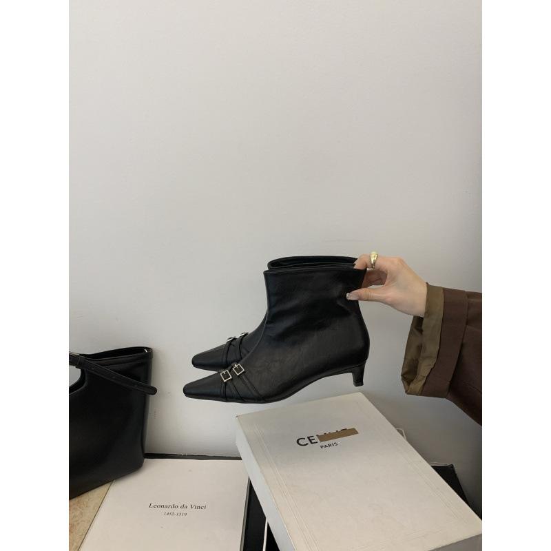 2025 Autumn and Winter Pointed Cat Heel Small Short Boots Low Heel Belt Buckle Thin Boots Women