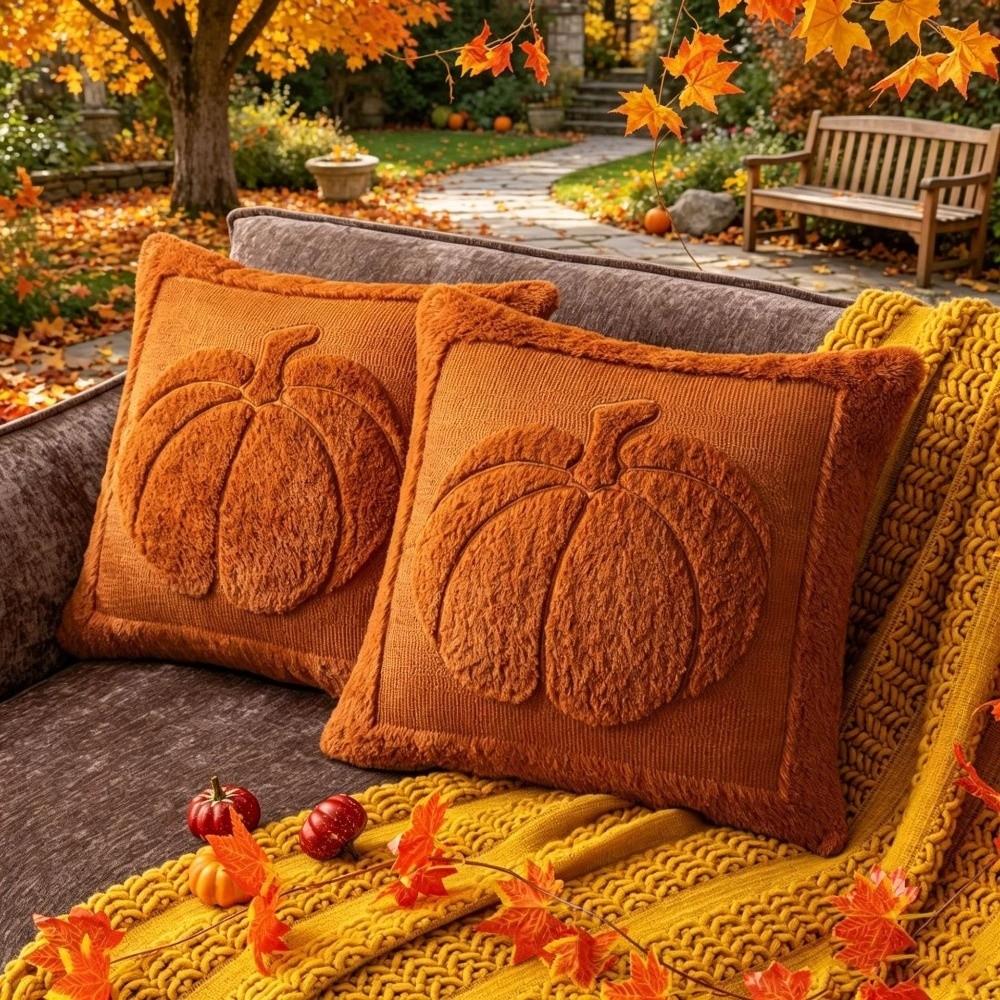 Soft Plush Fabric Throw Pillow Covers Pumpkin Pattern Faux Wool Cushions  Living Room Bedroom