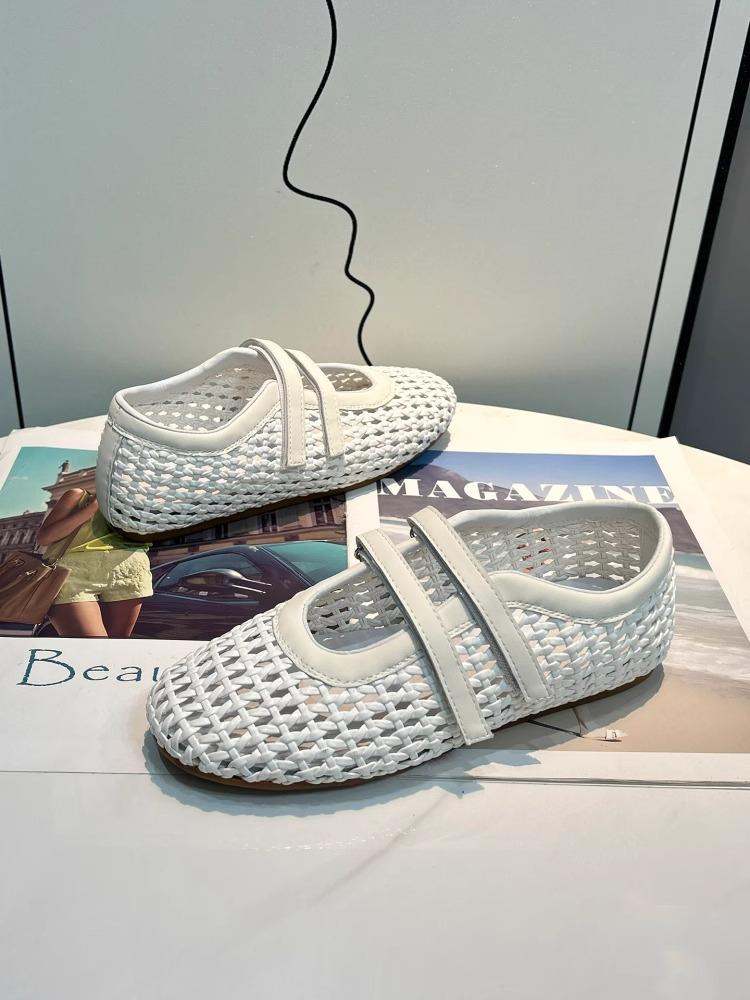 Woven Hollow Mary Jane Sandals Women's 2025 Summer New Mesh Breathable Velcro Shallow Mouth One Pedal Single Shoes