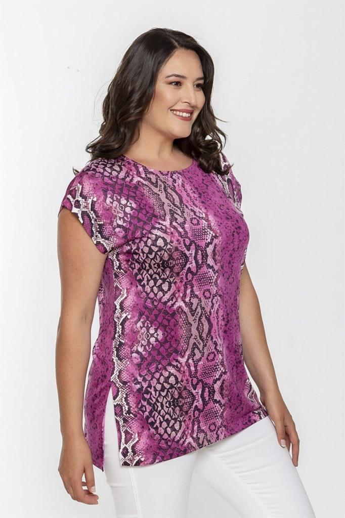 Women's Big Size Blouse Round Neck Snake Pattern Slit Blouse-Pink