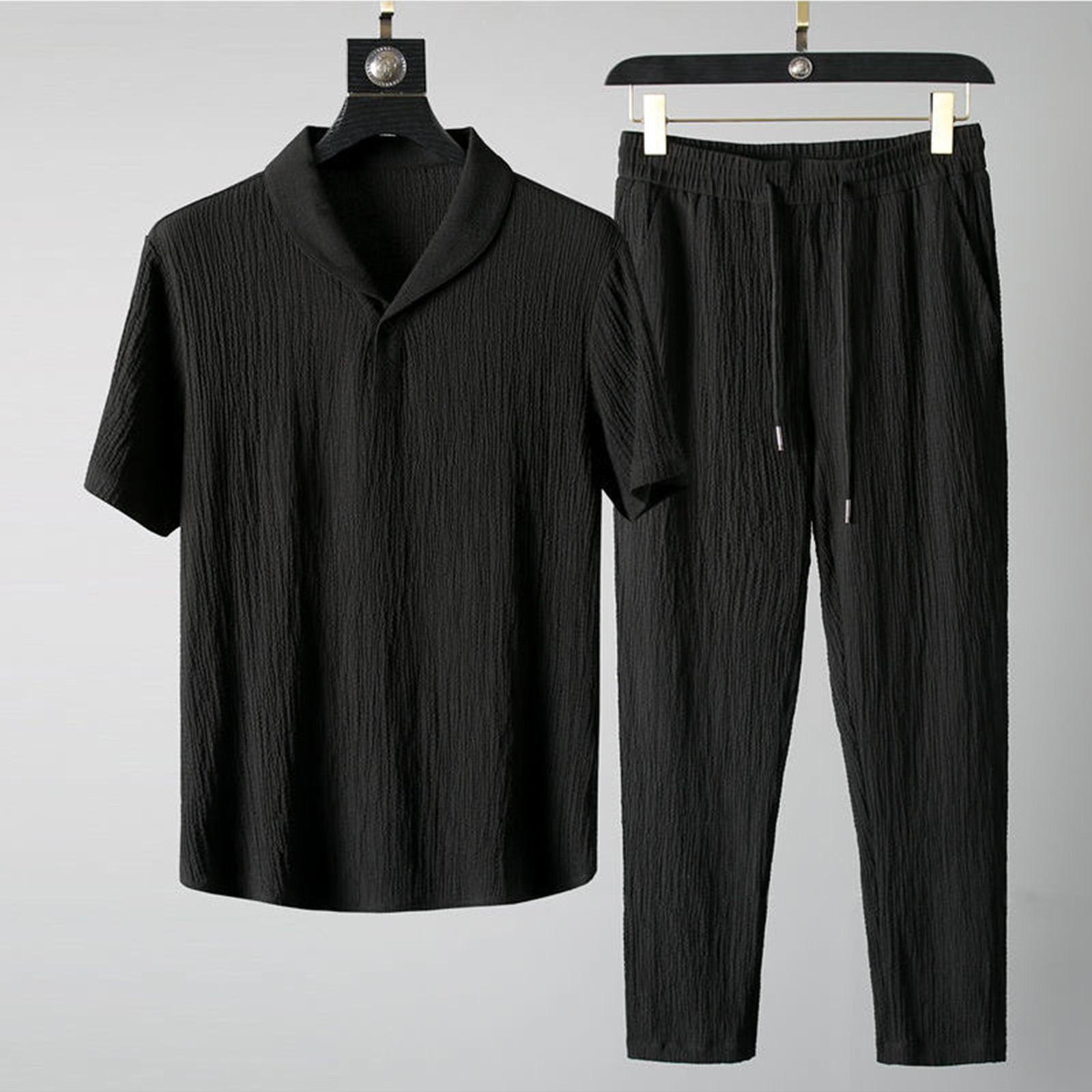 

Men s Summer Casual Fashion Short Sleeve Button-Down Shirt And Pants Set XL чорний