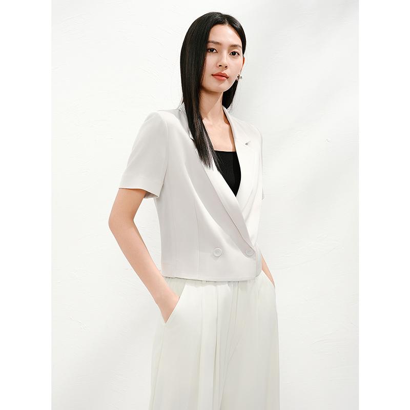 Jiuzi Anna Kou Elegant Commuting Simple Double Row Buckle Acetate Short-sleeved Suit for Women
