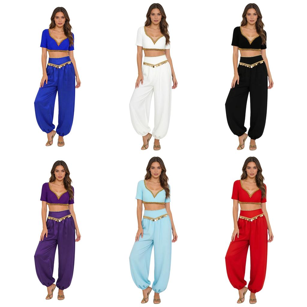 Completo Danza Indiana da Donna S-XXL: Top Corto con Bordi Dorati e Pantaloni con Frange di Paillettes a Manica Corta con Scollo a V per Esibizione Folk