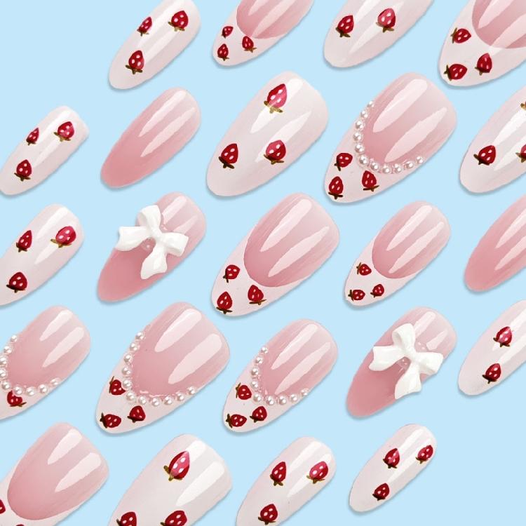24pcs Short Press On Nail Almond Stick On Nail French Styles Full Cover False Nail with Strawberry Designs for Women