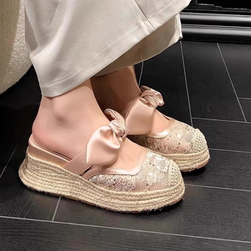 

Fashion Wedges Slippers Weave Women Bling Mesh Mules Shoes Bow Summer Trend Sandals Designer New 2025 Platform Slingabck Woman Shoes 35
