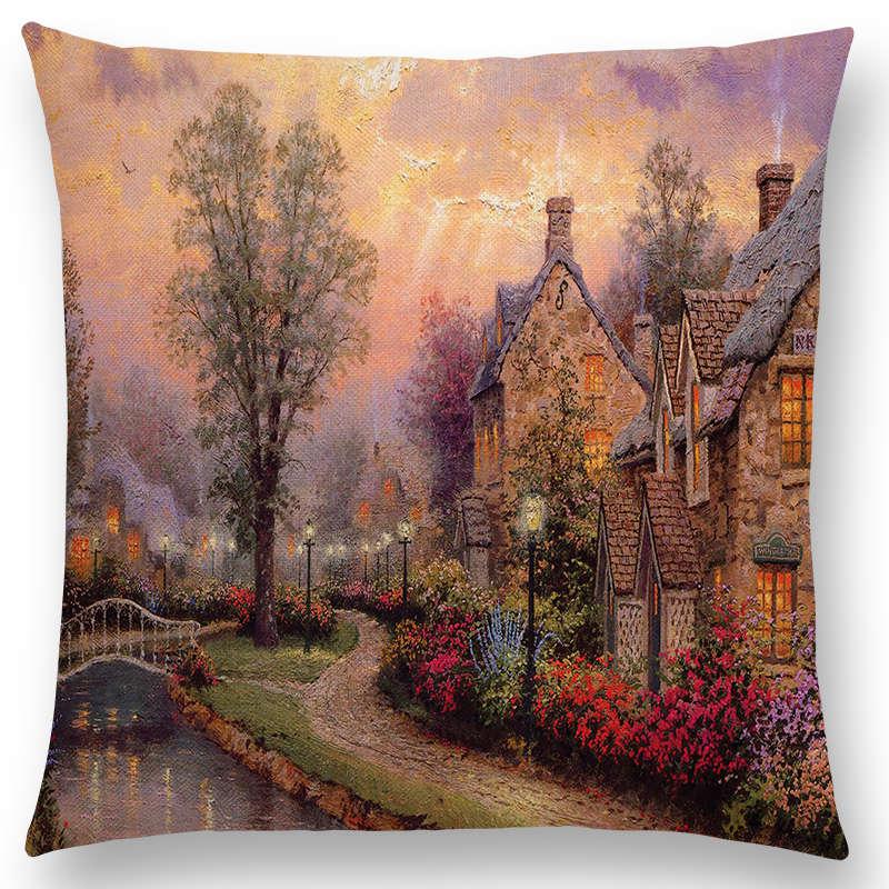 Home Decor Rustic Oil Painting Cushion Cover Beautiful Landscape Castle Lighthouse Sofa Pillow  Bedroom