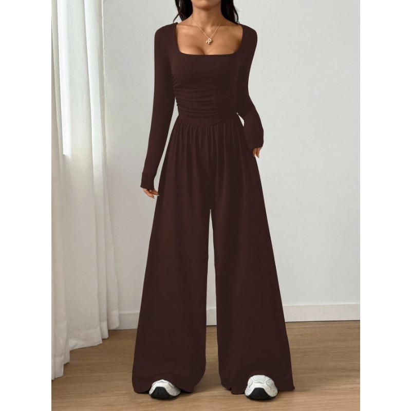 Women Fashion Casual Long Sleeve Square Neck Solid Wide Leg Jumpsuit