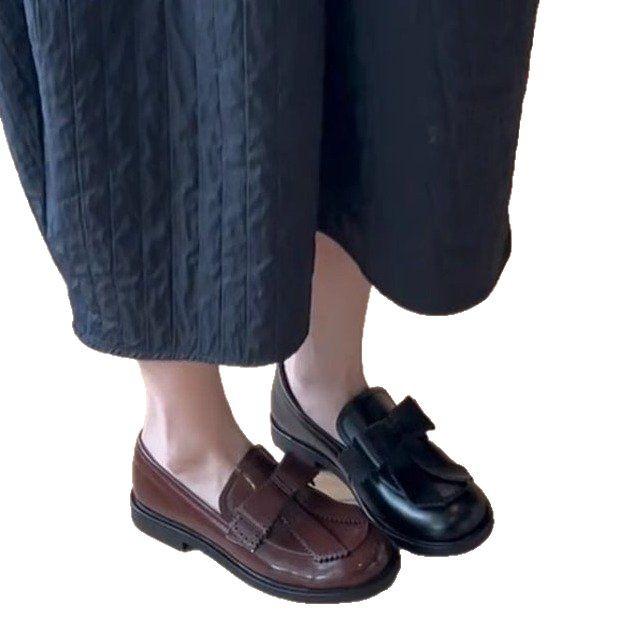 2025 new round head bow British style loafers one pedal retro college single shoes low heel small leather shoes women