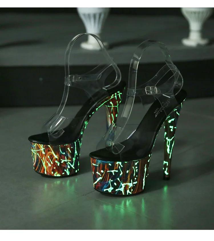 

Fashion Designer 20CM Hentian High Nightclub High Heel Shoes Fluorescent Sandals Women s Shoes Walking Show Steel Pipe Dance Shoes 34