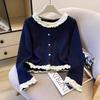 Spring & Autumn Patchwork Ruffle Slimming Cardigan with Colorful Buttons - Women's Long Sleeve Base Top
