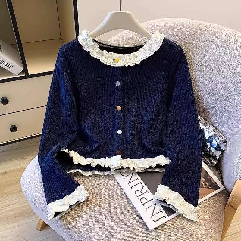 Spring & Autumn Patchwork Ruffle Slimming Cardigan with Colorful Buttons - Women's Long Sleeve Base Top
