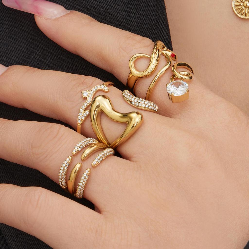 18k Gold-Plated Zirconia Inlaid Stainless Steel Open Ring Set - Modern Fashion Jewelry