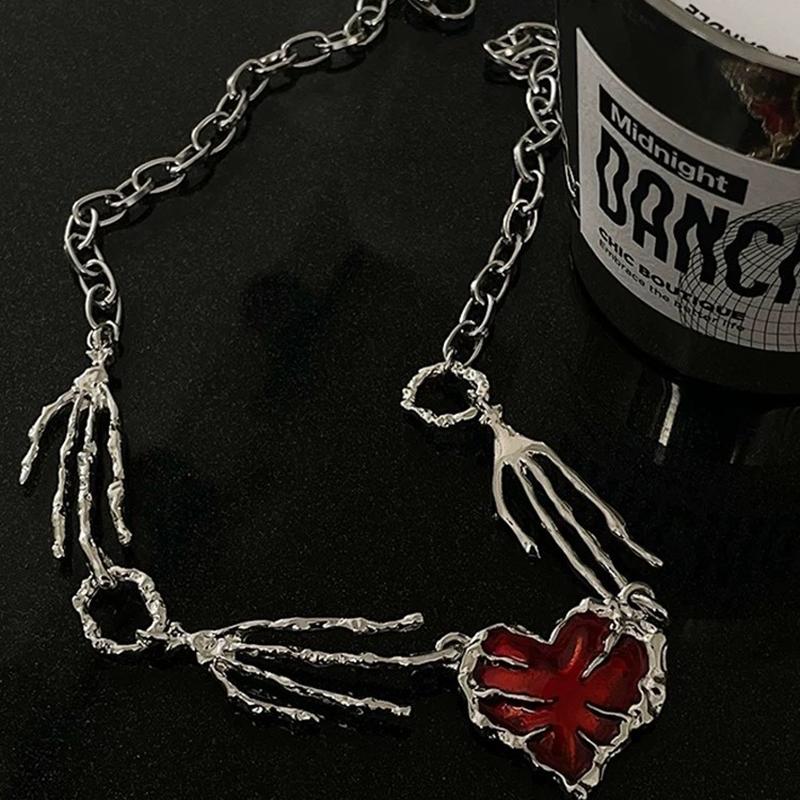 Punk Creativity Goth Red Color Love Heart Necklace Female Hip Hop Accessories All-match Personality Clavicle Chain Charm Jewerly
